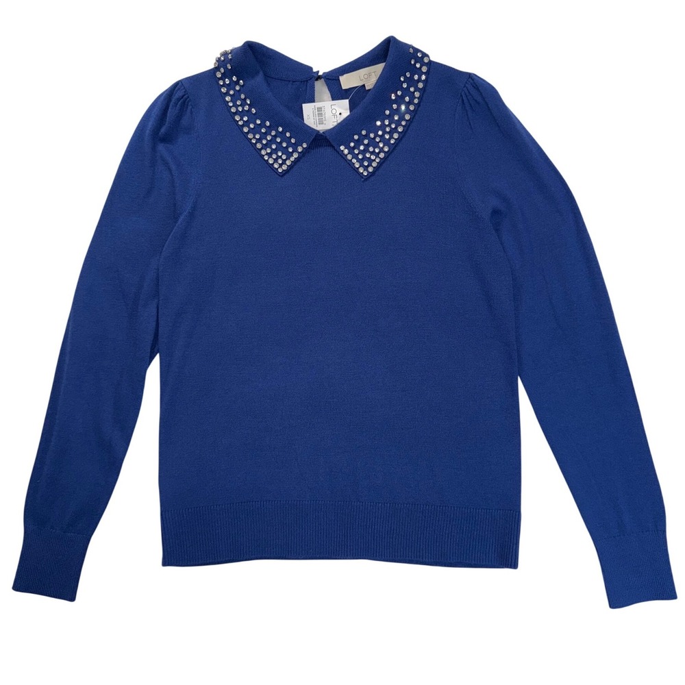 LOFT Royal Blue Rhinestone Embellished Peter Pan Collar Sweater XS NEW